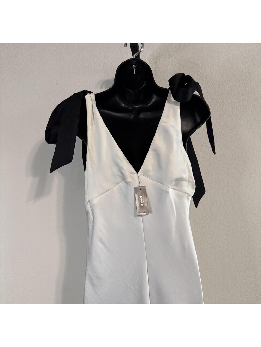 Express Cream Satin V-Neck Midi Cami Slip Dress w/ Black Ties on Shoulder - MED - Picture 4 of 13